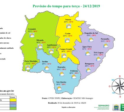 Véspera de Natal tem tempo parcialmente nublado e temperatura estável em Jardim e Bonito