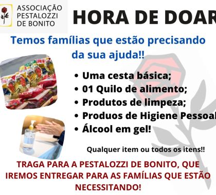 Pestalozzi de Bonito pede doações de materiais de higiene e alimentos para auxiliar famílias carentes