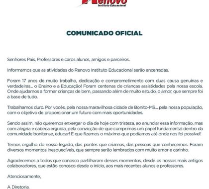Escola particular em Bonito encerra as atividades