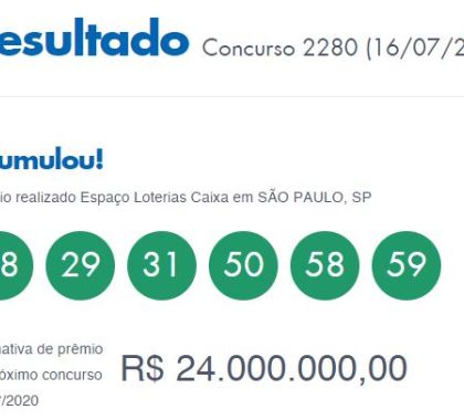 Resultado Mega-Sena, concurso 2.280 prêmio acumula em R$ 24 milhões