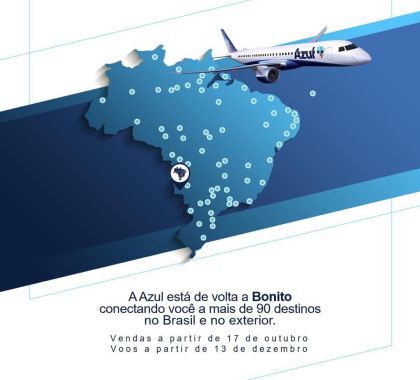 Azul retoma voos para Bonito e Corumbá em dezembro