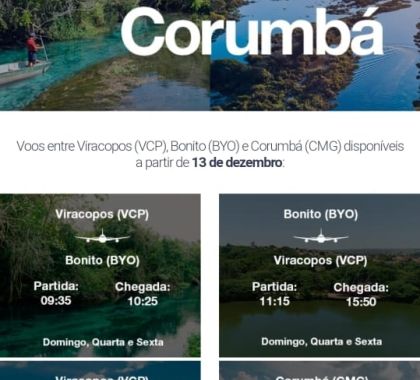 Voos da Azul para Bonito e Corumbá retornam em 13 de dezembro