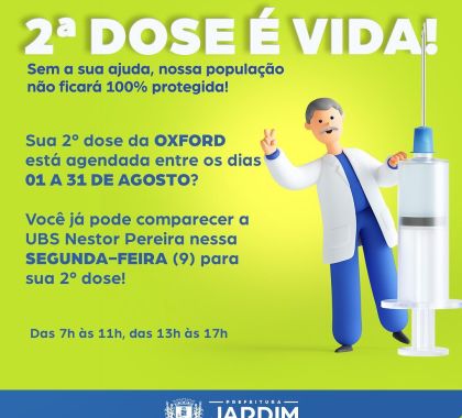 Vacinação da segunda dose da Oxford/Astrazeneca acontece nesta segunda-feira em Jardim