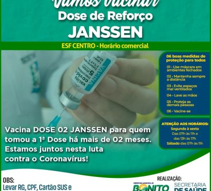Segunda dose da vacina Janssen começa  a ser aplicada hoje em Bonito