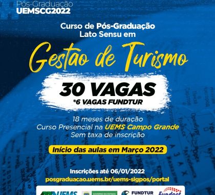 Abertas as inscrições para o curso de pós-graduação em Gestão de Turismo na UEMS de Campo Grande