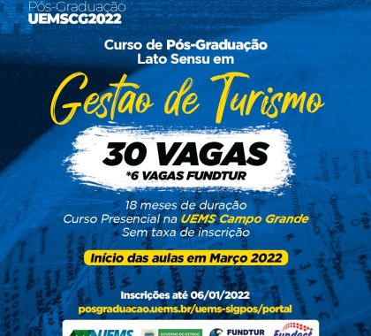 Abertas as inscrições para o curso de pós-graduação em Gestão de Turismo na UEMS de Campo Grande