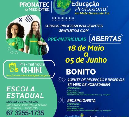 Pronatec está com matrículas abertas para cursos profissionalizantes aos estudantes de Bonito