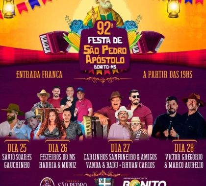 Tradicional Festa de São Pedro começa no sábado com shows e quermesse em Bonito