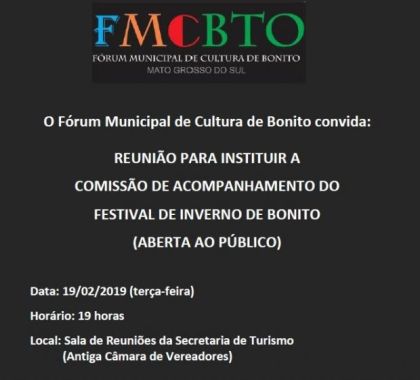 Fórum da Cultura realiza reunião sobre Festival de Inverno de Bonito na próxima semana