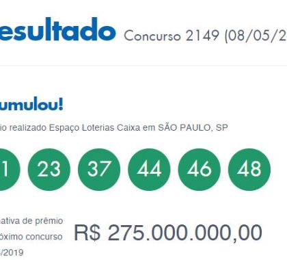 Resultado concurso 2149 da Mega-Sena acumula em R$ 275 milhões